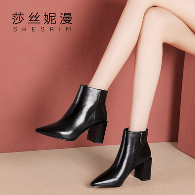尖头短靴女2018秋冬新款真皮黑色粗跟马丁靴百搭高跟裸靴欧美女靴