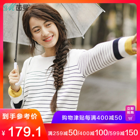 茵曼旗舰店2018春装新款套头圆领条纹文艺百搭针织衫上衣女商品大图