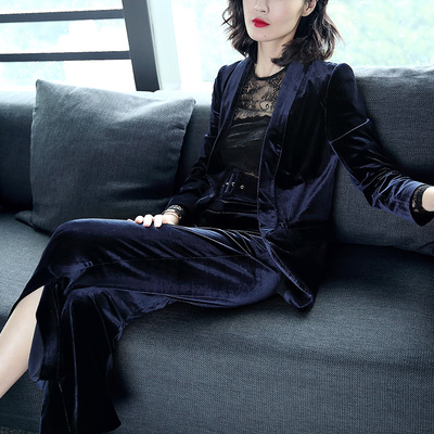 2018秋季新款欧美时尚丝绒西装外套直筒长裤百搭金丝绒两件套装女