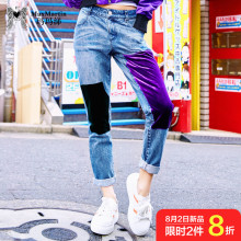玛玛绨2018秋装新款港味复古裤子拼接高腰宽松chic直筒牛仔裤女潮图片