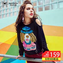 玛玛绨露肩卫衣女2018秋装新款慵懒风韩版亮片时尚chic长袖上衣潮图片