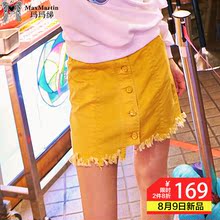 玛玛绨牛仔裙女2018新款a字韩版潮chic毛边港味短裙前排扣半身裙图片