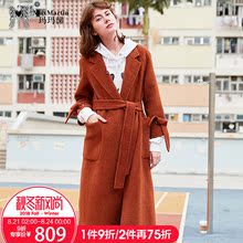 玛玛绨冬季双面羊绒大衣女长款2018新款韩版系带收腰毛呢外套女图片