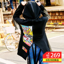 玛玛绨2018新款外衣女春秋中长款潮个性开叉宽松连帽拉链黑色外套图片