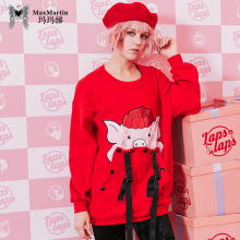 玛玛绨红色早秋卫衣2018新款女长袖韩版宽松小猪印花甜美可爱外套图片