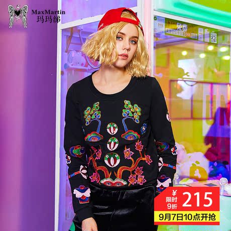 玛玛绨早秋卫衣女潮2018新款黑色刺绣短款韩版圆领bf原宿薄款上衣商品大图