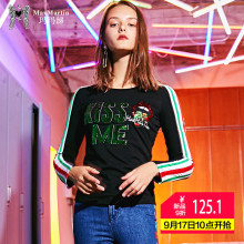玛玛绨长袖t恤女秋天2018新款字母亮片潮修身显瘦百搭不规则上衣图片
