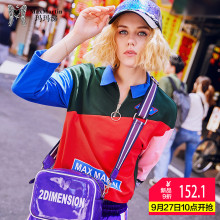 玛玛绨2018秋天上衣女新款短款打底衫韩版拼色polo领原宿长袖t恤图片