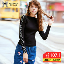 玛玛绨黑色竖条纹针织衫女秋装2018新款韩版修身显瘦长袖套头外套图片