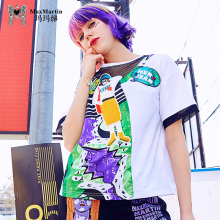 玛玛绨2018夏季新品潮牌印花拼接hiphop上衣潮时尚宽松短袖T恤女图片