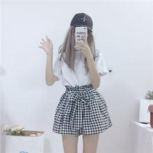 系带蝴蝶结花苞格子高腰半身裙短裙女 韩版 2108春夏新款 净色百搭T