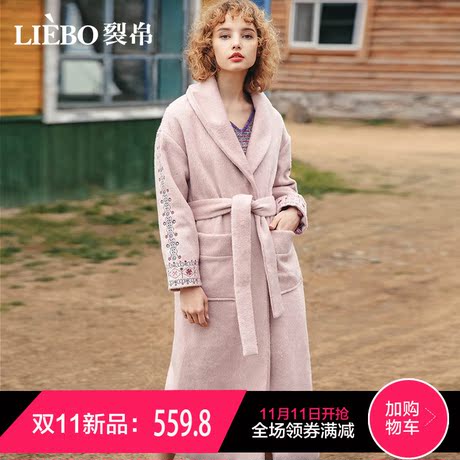 裂帛2018冬季新款精致绣花装饰腰带甜美温柔风清新浪漫毛呢外套女商品大图
