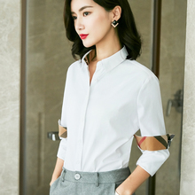 雀后2018秋季新款ol长袖衬衣修身显瘦格子袖拼接职业白衬衫女图片