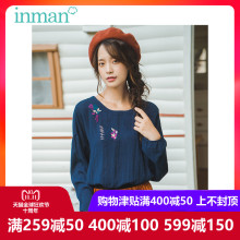 inman茵曼旗舰店圆领绣花宽松套头长袖衬衣2018秋装新款刺绣衬衫图片