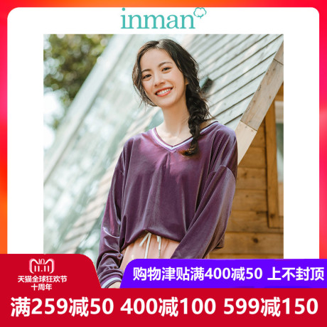茵曼旗舰店丝绒V领休闲运动宽松落肩袖短款卫衣2018冬装新款上衣商品大图