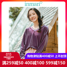 茵曼旗舰店丝绒V领休闲运动宽松落肩袖短款卫衣2018冬装新款上衣图片