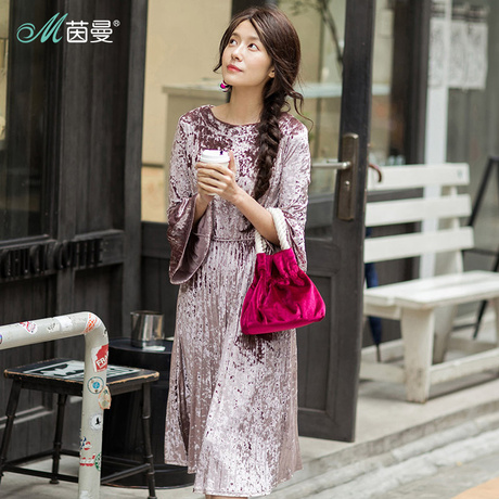 茵曼旗舰店过膝连衣裙女2018秋装新款圆领收腰显瘦丝绒长款连衣裙商品大图