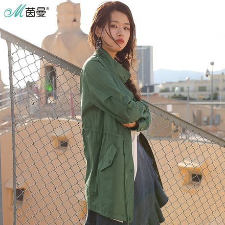 茵曼旗舰店春秋外套女装2018新款纯棉立领抽绳休闲中长款风衣外套商品大图