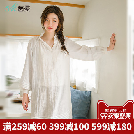 茵曼旗舰店长袖衬衫2018秋冬新款花边领灯笼袖套头衬衣配内搭上衣商品大图