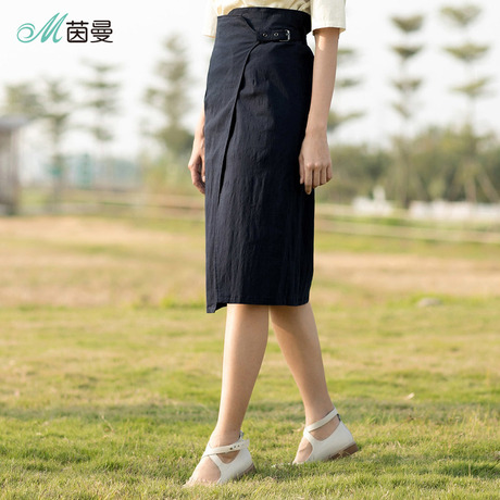 茵曼旗舰店半身裙2018夏装新款高腰腰带开叉不对称半截裙中长裙商品大图