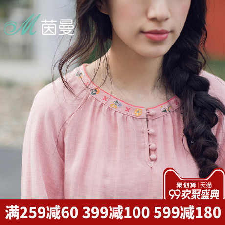 茵曼旗舰店2018秋装新款绣花圆领宽松套头灯笼袖长袖衬衣衬衫上衣商品大图