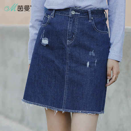 茵曼旗舰店牛仔裙2018夏装新款破洞毛边纯棉牛仔半身裙女裙半截裙商品大图