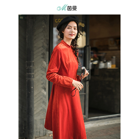 茵曼茵曼旗舰店丝绒连衣裙2018秋装新款半高领长袖打底裙女中长裙商品大图