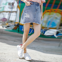 茵曼旗舰店全棉破洞牛仔裙2018夏装新款不规则ins半身裙短裙女裙图片