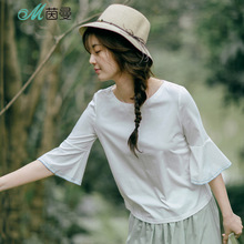 茵曼旗舰店2018夏装新款圆领喇叭袖短袖T恤女宽松半袖体恤上衣服图片