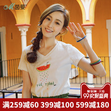 茵曼旗舰店2018夏装新款清新印花V领纯棉短袖T恤女宽松上衣体恤衫图片