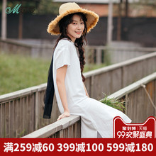 茵曼旗舰店裙子2018新款夏装圆领宽松棉麻短袖连衣裙中长裙过膝裙图片