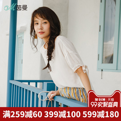 茵曼旗舰店短袖衬衫2018夏装新款绣花系带袖口宽松套头衬衣女上衣商品大图