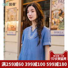 茵曼旗舰店牛仔短袖衬衣2018夏装新款绣花V领宽松天丝衬衫上衣图片