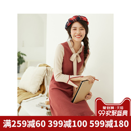茵曼旗舰店飘带荷叶边针织连衣裙2018秋装新款文艺显瘦中长裙女裙商品大图