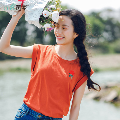 茵曼旗舰店无袖上衣女背心夏装2018新款t恤女宽松短款打底衫半袖商品大图