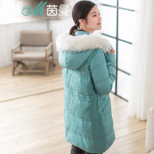 茵曼旗舰店羽绒服2018冬装新款中长款加厚连帽蕾丝保暖羽绒服外套图片