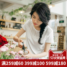 茵曼旗舰店夏季短袖T恤2018新款纯棉圆领白色上衣体恤衫女半截袖图片