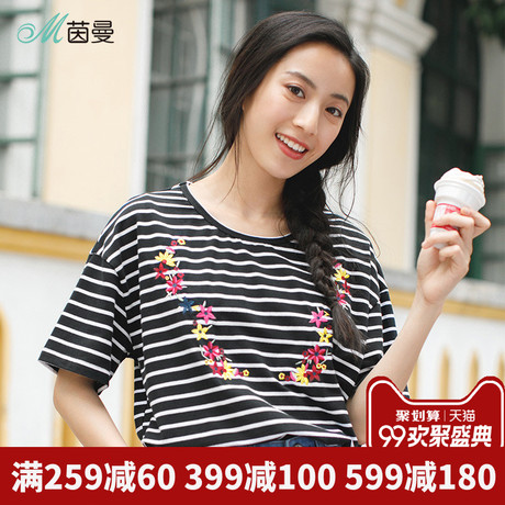 茵曼旗舰店条纹短袖T恤女装上衣2018夏装新款圆领绣花宽松半截袖商品大图