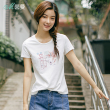 茵曼旗舰店2018夏装新款印花短袖T恤女半袖打底衫体恤棉上衣宽松图片