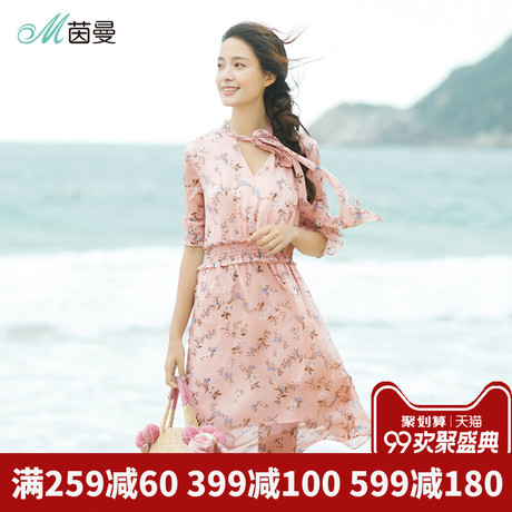 茵曼旗舰店雪纺裙子2018夏装新款碎花V领蝴蝶结收腰连衣裙中长裙商品大图