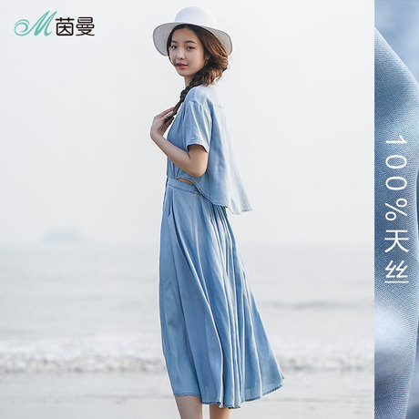茵曼旗舰店2018夏季新款显瘦假两件短袖牛仔连衣裙中长裙商品大图