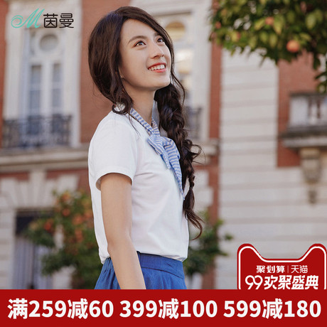 茵曼旗舰店白色t恤女短袖2018夏装新款圆领绣花半截袖体恤配领结商品大图
