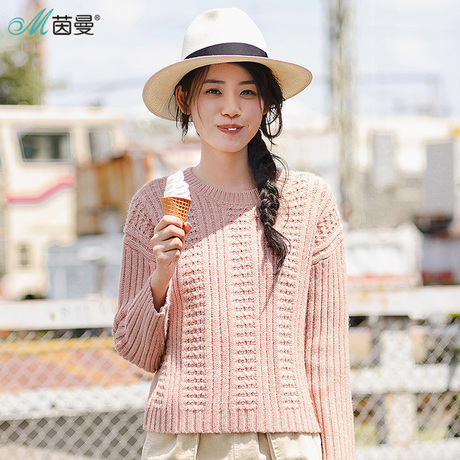 茵曼旗舰店毛衣2018秋装新款套头圆领纯色打底毛织衫女线衣针织衫商品大图
