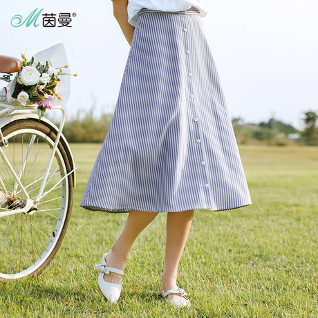 茵曼旗舰店竖条纹半身裙2018夏装新款纽扣A字裙半裙过膝裙中长裙商品大图