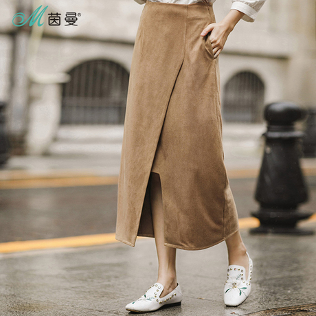 茵曼旗舰店长裙2018夏装新款麂皮绒纯色包臀裙女侧开叉半身裙冬裙商品大图
