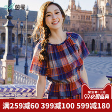 茵曼旗舰店格子套头短袖衬衫2018夏装新款橡筋圆领荷叶边五分衬衣图片