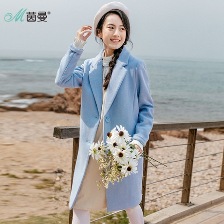 茵曼旗舰店2018秋季新款纯色羊毛呢子中长款西装外套女装秋秋大衣商品大图