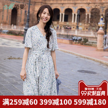 茵曼旗舰店碎花连衣裙2018夏小清新中袖收腰小V领印花裙子中长裙图片