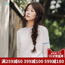 茵曼旗舰店全棉一字领中袖T恤2018夏装新款宽松打底衫女半袖上衣图片