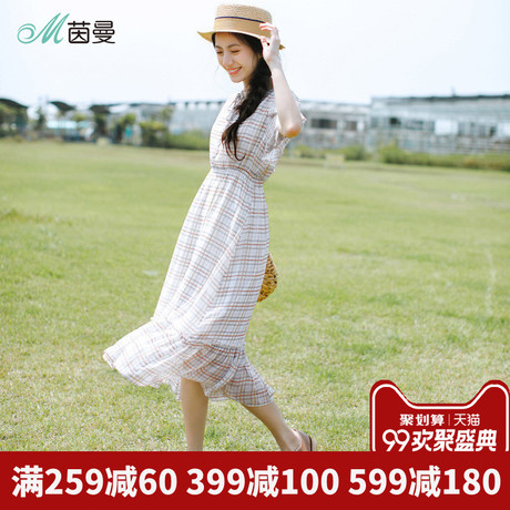 茵曼旗舰店格子雪纺裙夏季2018新款系带收腰印花飞飞袖短袖连衣裙商品大图